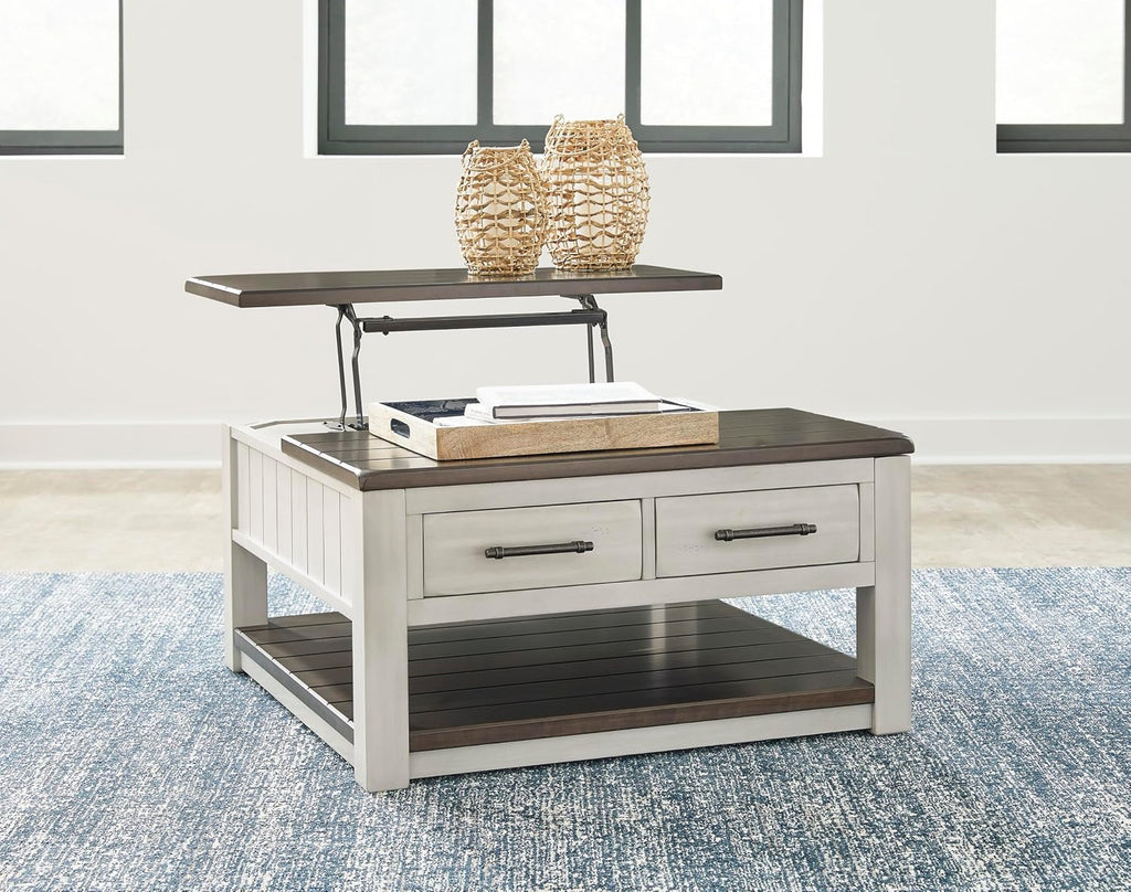 Signature Design by Ashley Darborn Farmhouse Lift-Top Coffee Table with Drawers, Lower Shelf and Casters, Light Gray & Dark Brown