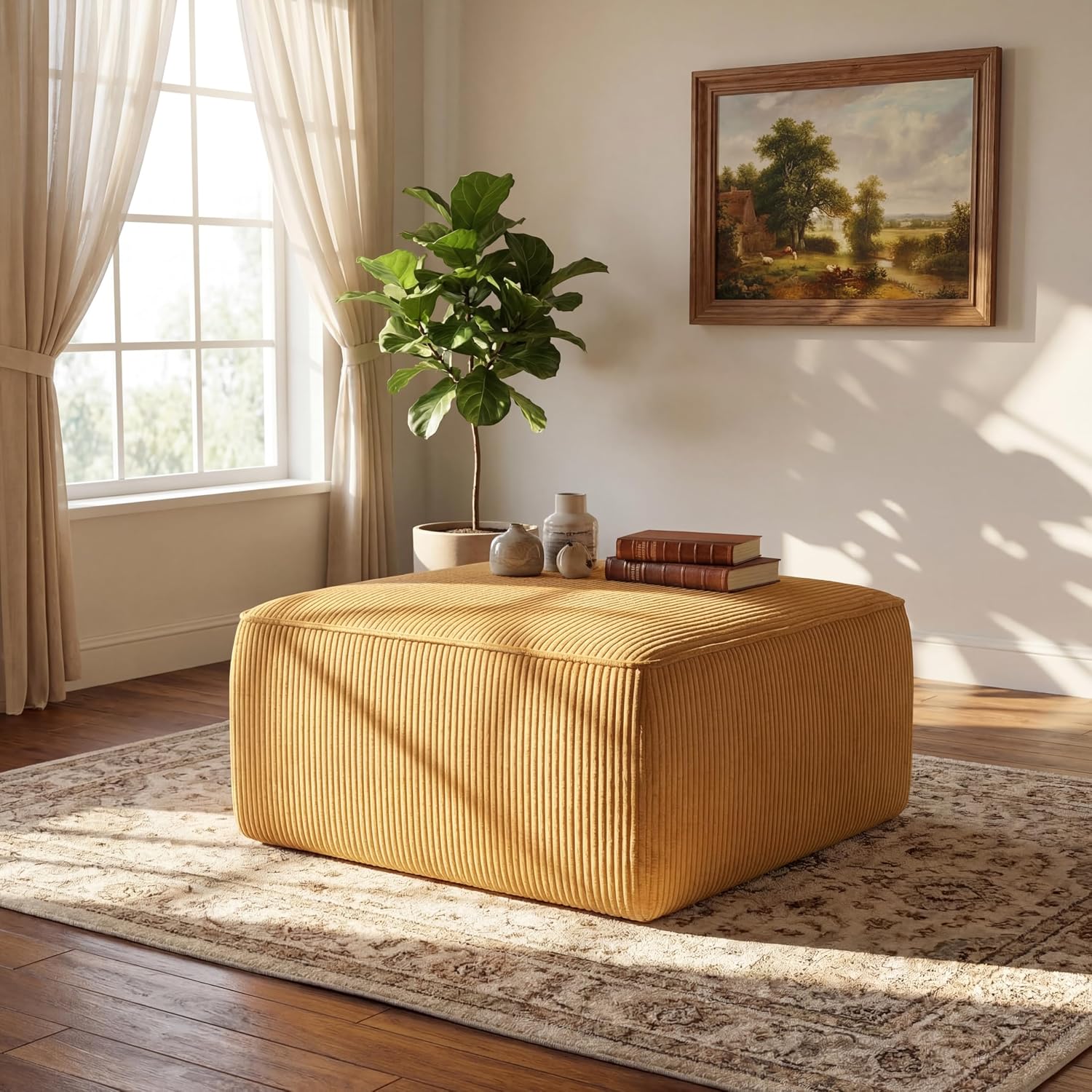 Christopher Knight Home Kyle Corduroy Woven Upholstery Square Ottoman, Living Room Sofa Ottoman with Wood Frame, Comfy Seating Experience with Dense Foam Padding, Non-Marking Foot Caps, Yellow