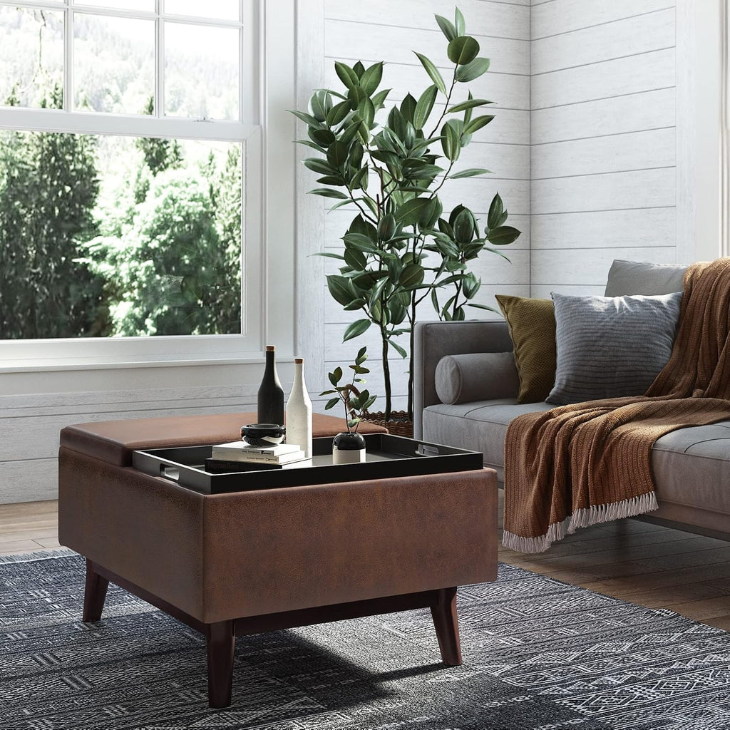 SIMPLIHOME Owen Tray Top Small Coffee Table Storage Ottoman - 34 inch Wide Upholstered Vegan Leather Rectangular Flip-Top Ottoman in Distressed Chestnut Brown, Mid-Century Ottoman for Living Room