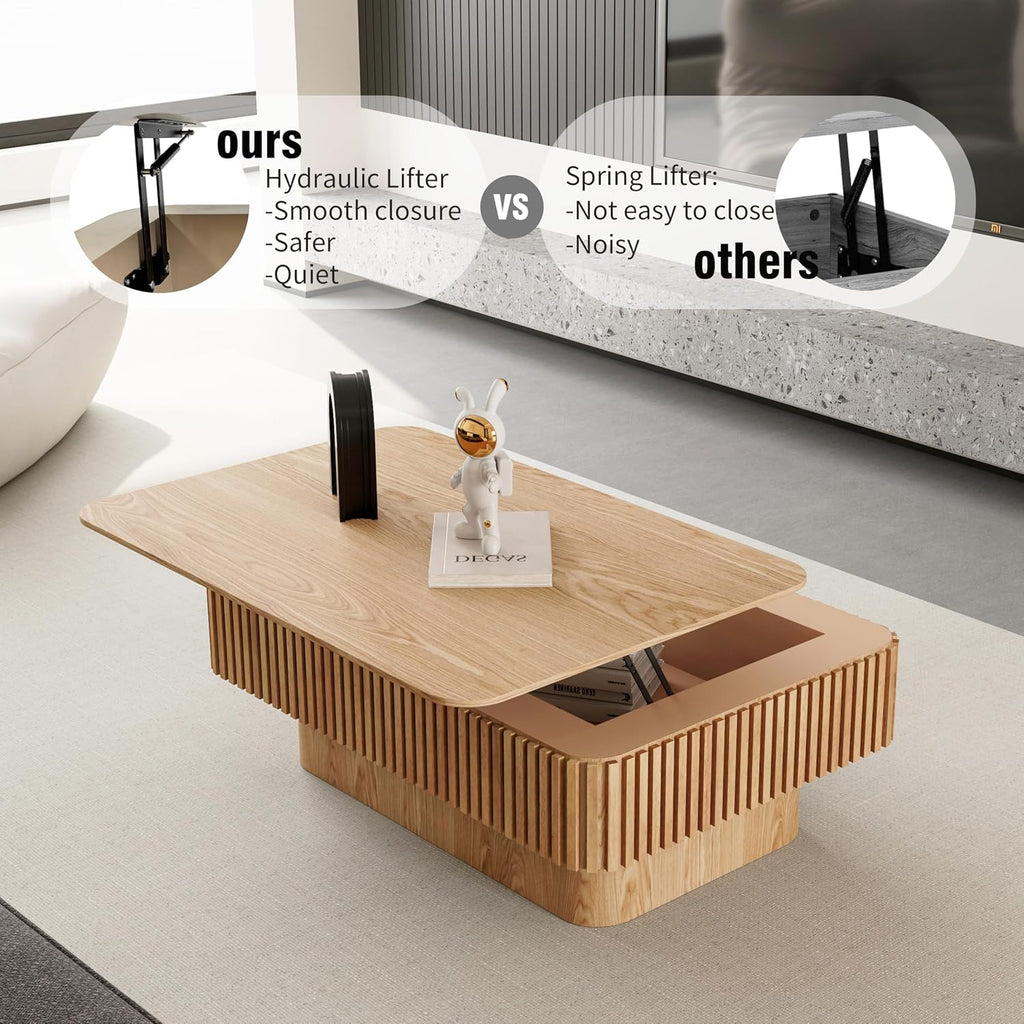 38.6'' Lift-top Coffee Table Solid Wood Veneered Center Table Rectangular Fluted Table with Storage and Adjustable Height for Living Room Apartment Office, Oak