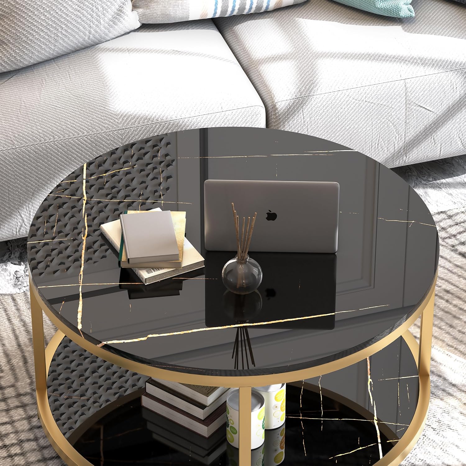 WiberWi Round Coffee Table 33.5' Coffee Tables for Living Room High Glossy Faux Balck Marble Top Modern Circle Table Sturdy Gold Metal Frame Legs Cocktail Table with Storage Open Shelf