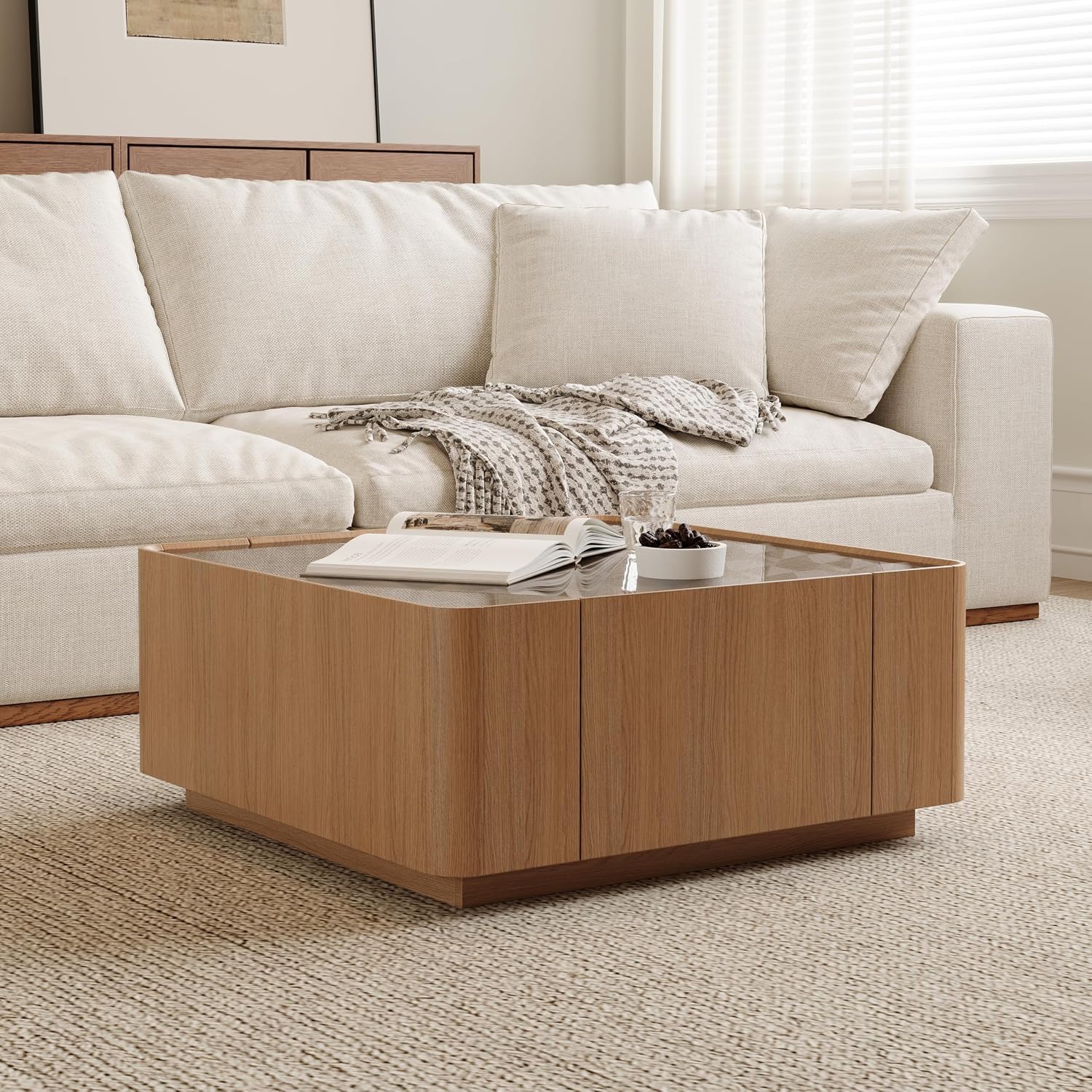 31.5' Square Coffee Table with Glass Tabletop, Mid Century Modern Wood Coffee Table with Drawer, Contemporary Center Table Safe Curved Corners for Living Room, Oak