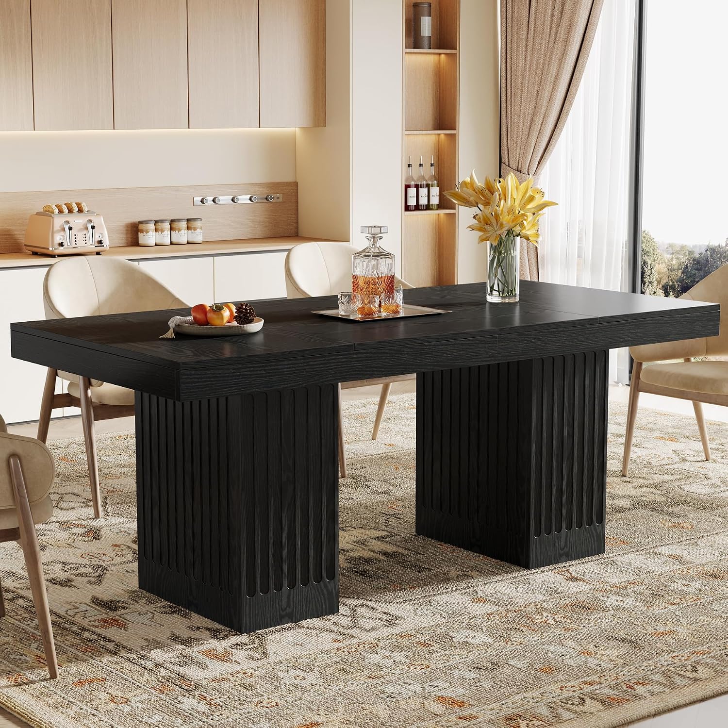 Tribesigns Dining Table for 4-6 People, 63 Inch Modern Rectangle Kitchen Table with Pedestal Base, Large Dinner Furniture for Dining Room, Kitchen, Living Room, Black