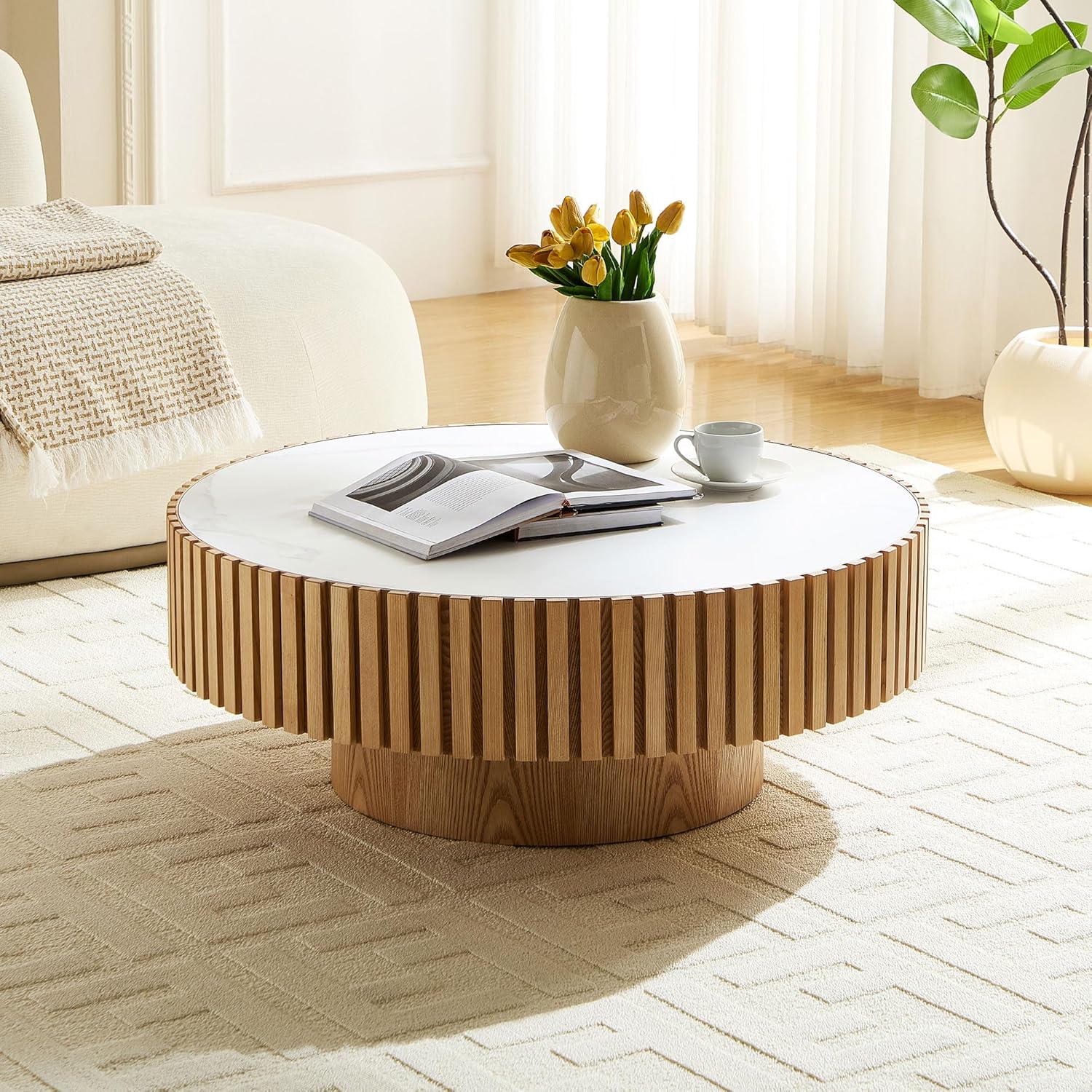 SOFTSEA Wood Coffee Table, 35.43' Round Center Table with Sintered Stone Tabletop for Living Room, Apartment, Ash