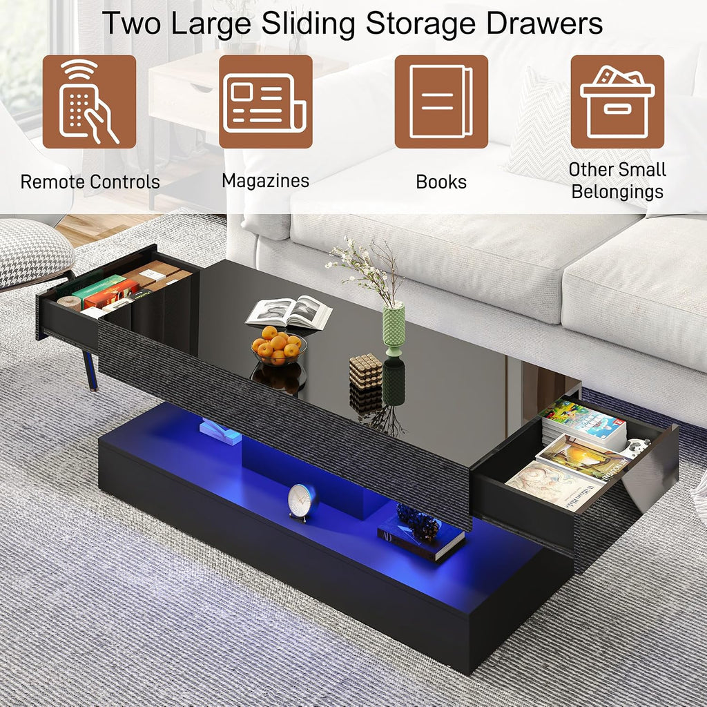 47.2' Modern High Glossy LED Coffee Table with 2 Sliding Storage Drawers, Black Living Room Tables for Living Rooms,Dining Room,Bedroom Home Office,APP LED Lights(Black)
