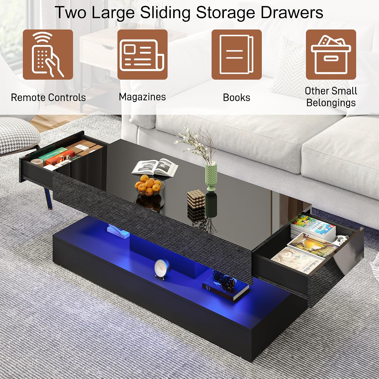 47.2' Modern High Glossy LED Coffee Table with 2 Sliding Storage Drawers, Black Living Room Tables for Living Rooms,Dining Room,Bedroom Home Office,APP LED Lights(Black)