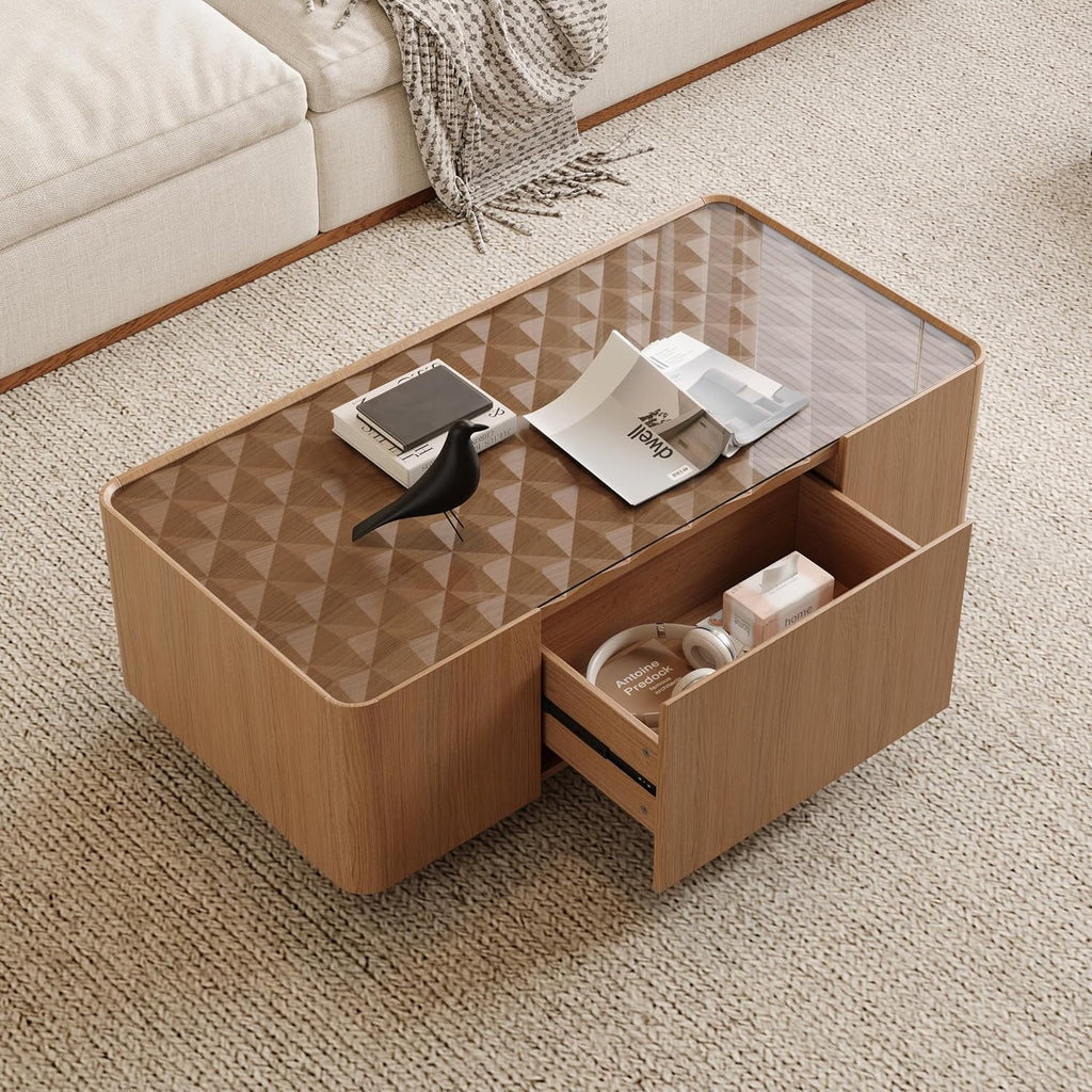 SSLine 47' Modern Wooden Coffee Table with Storage Drawer, Rectangle Center Table with Tempered Glass Top & Diamond Texture for Living Room Home Office,Walnut