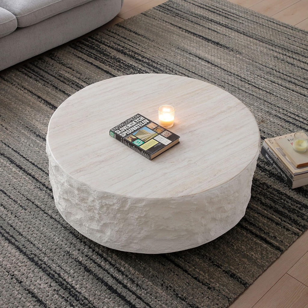WILLIAMSPACE 35.4' Round Travertine Coffee Table for Living Room,Modern Circle Drum Center Table with Faux Stone Tea Table for Apartment, Fiberglass, No Need Assembly (Beige Cement Stone Pattern)