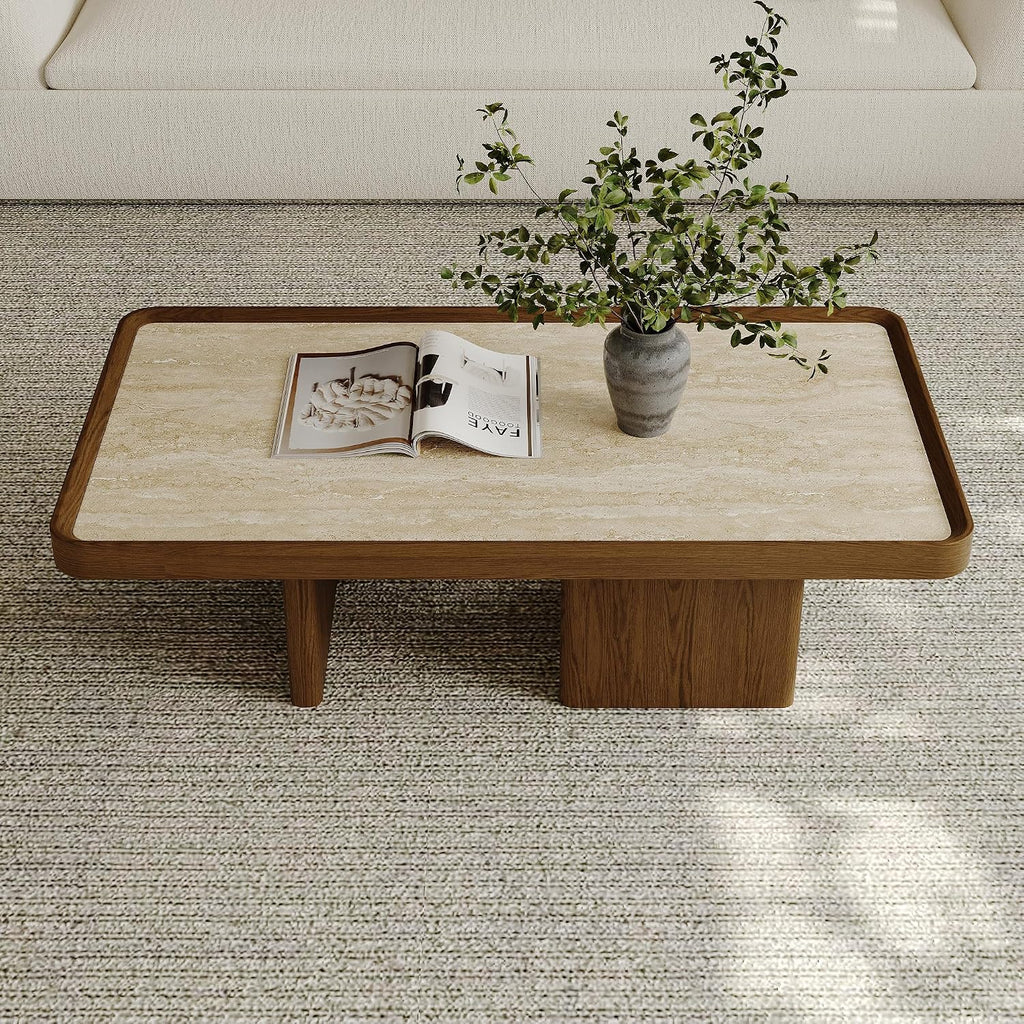 VAFON 51.18'' Square Coffee Table for Living Room, Mid Century Modern Center Tea Table, Sintered Stone Tabletop with Wood Wraps, Wood Base, Minimalist Center Tables, Easy Assembly, Brown