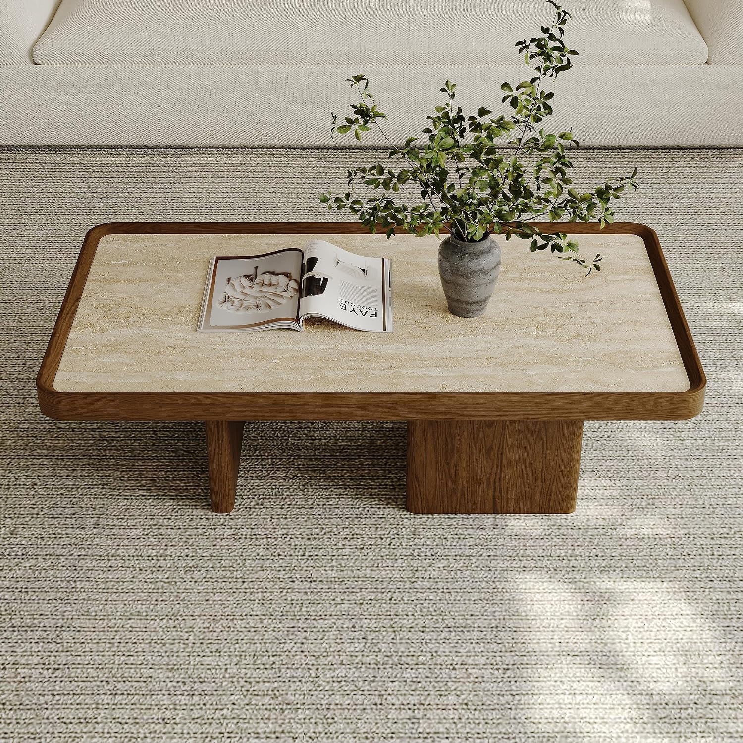 VAFON 51.18'' Square Coffee Table for Living Room, Mid Century Modern Center Tea Table, Sintered Stone Tabletop with Wood Wraps, Wood Base, Minimalist Center Tables, Easy Assembly, Brown