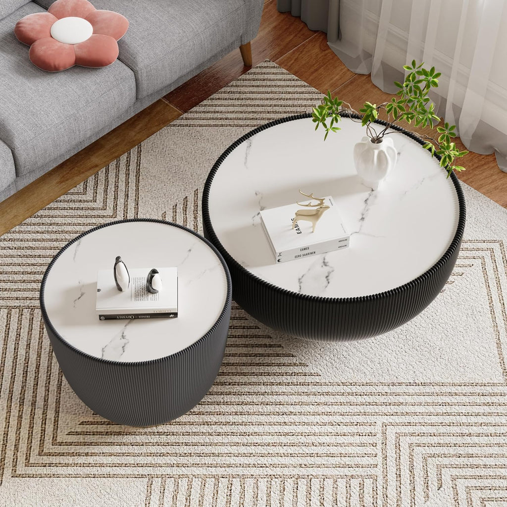 Round Coffee Table Set with Sintered Stone Tabletop, 27.56' Black Drum Center Table and 19.69' Grey Coffee Table Set, 2 Pieces Living Room Table Set with Fluted PU Leather Cover& Metal Base