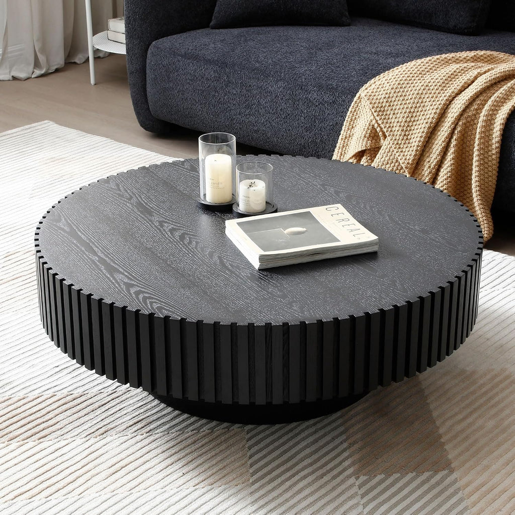 31.49'' Black Round Coffee Table Modern Wood Coffee Table for Living Room, Contemporary Circle Fluted Drum Style, Easy Assembly, Black (ø31.49'' x 13.77'')