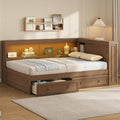 MERITLINE Full Size DayBed with 2 Storage Drawers and Shelves, Full Wood Corner Bed Frame with Headboard, USB Charging Ports and LED Lights for Living Room, Antique Wood
