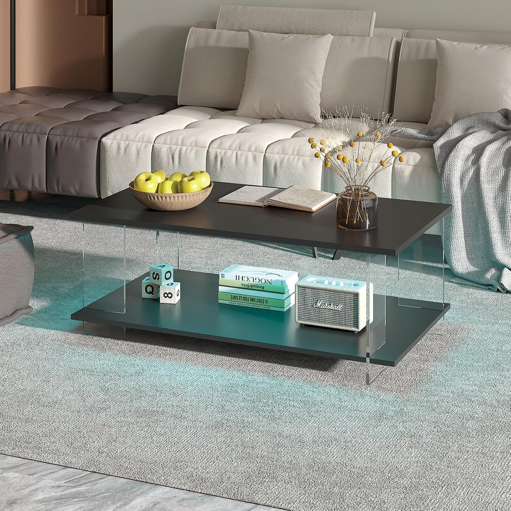HedoAjim 43' Acrylic Coffee Table with Black Wood Top, Minimalist Stylish Modern Rectangular Center Tables for Living Room, Led Living Room Table with Storage Shelf & Acrylic Frame for Small Space