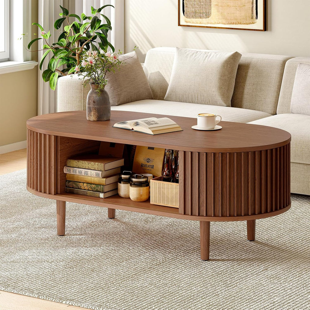 ONBRILL Fluted Oval Coffee Table, 43' Mid Century Modern Coffee Table with Storage, Wood Living Room Tables with Sliding Door, Center Tables for Living Room Apartment Small Space Walnut