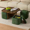Square Coffee Table with Stools Underneath, Wood Ottoman Coffee Tables with 4 Chenille Storage Ottomans & Seats, Mid-Century Modern Coffee Table with Chairs for Living Room, Small Space, Walnut&Green