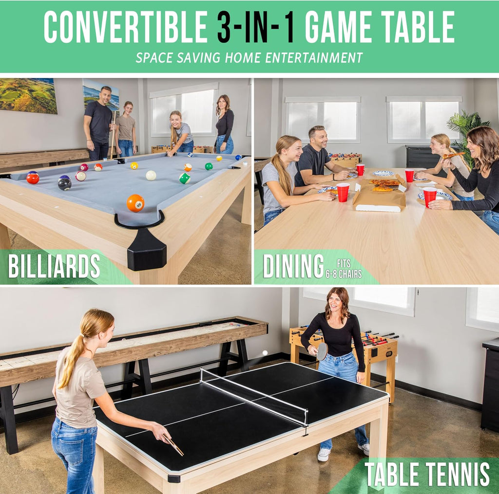 GoSports 3 in 1 Pool, Dining, & Table Tennis Combo Table and Storage Benches - 7 ft or 8 ft - Convertible Billiards and Table Tennis with Accessories