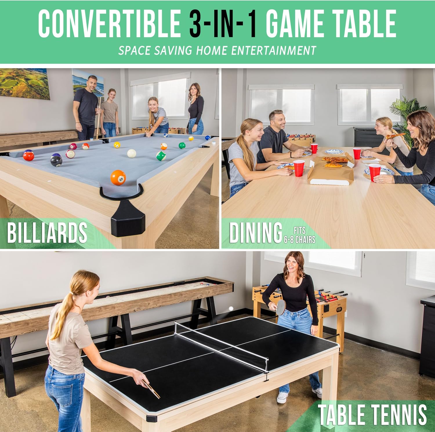GoSports 3 in 1 Pool, Dining, & Table Tennis Combo Table and Storage Benches - 7 ft or 8 ft - Convertible Billiards and Table Tennis with Accessories