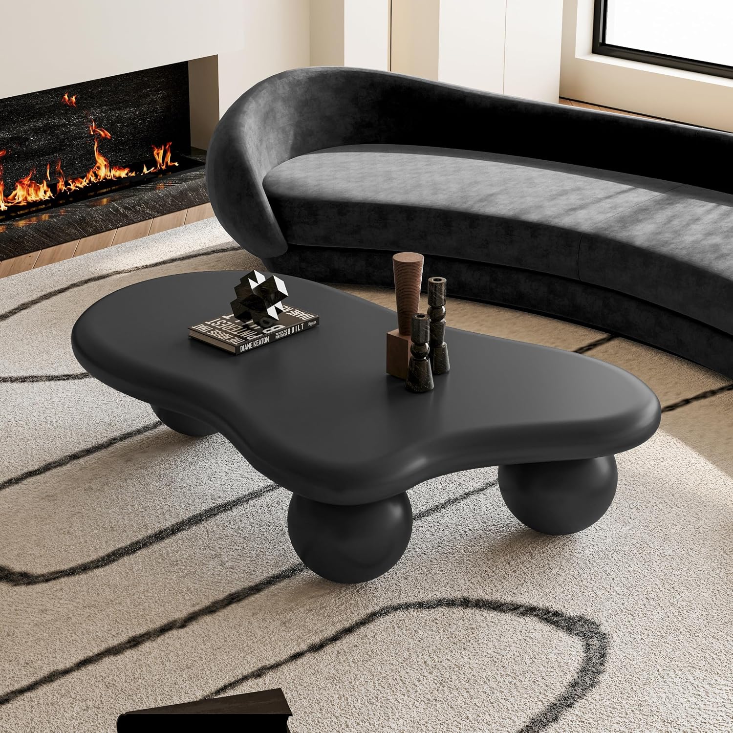 47' Cloud Coffee Table,Modern Cute End Table with Ball Legs,Small Round Edge Tea Table,Irregular Indoor Wood Coffee Table for Living Room, Bedroom, Small Space,Balcony,Patio Black