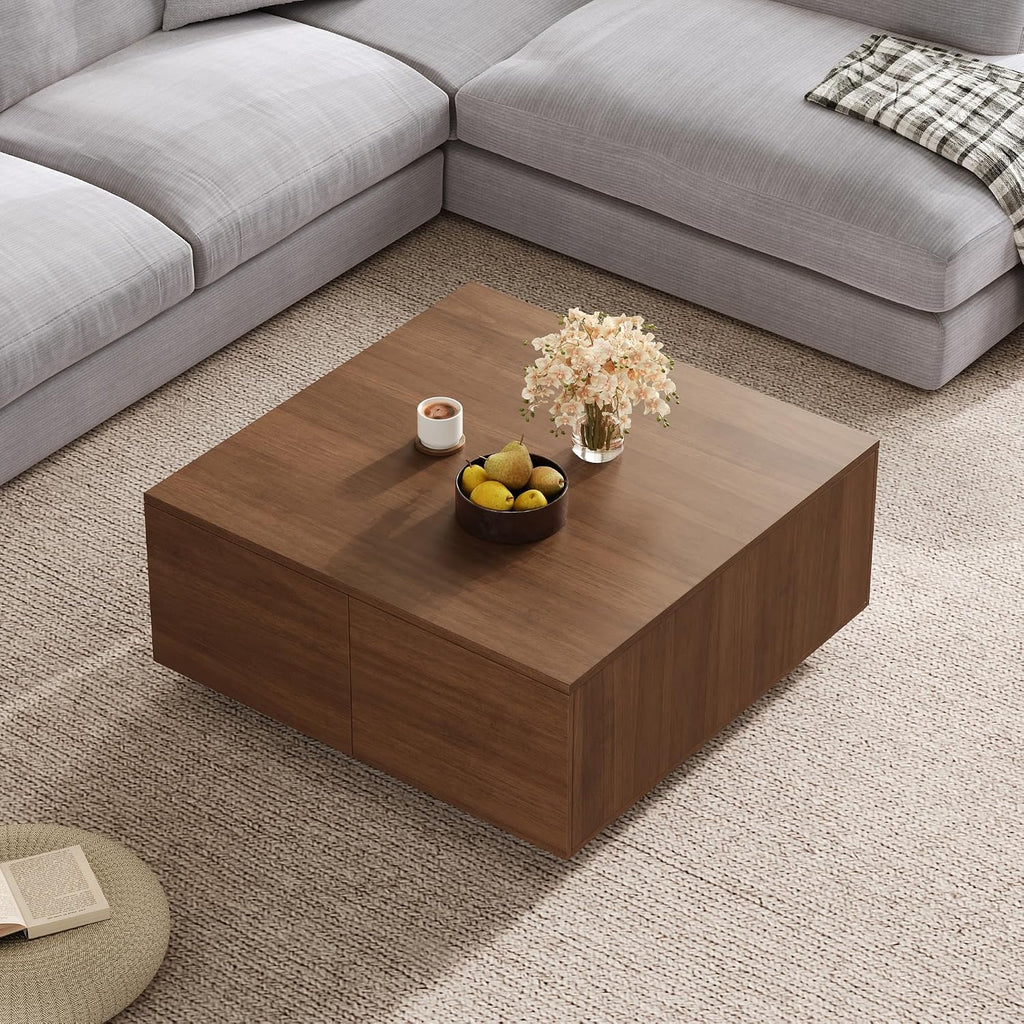 SSLine Square Coffee Table with 4 Storage Drawers,33.2-Inch Walnut Wooden Coffee Table for Living Room Minimalist Cocktail Center Tables for Small Space