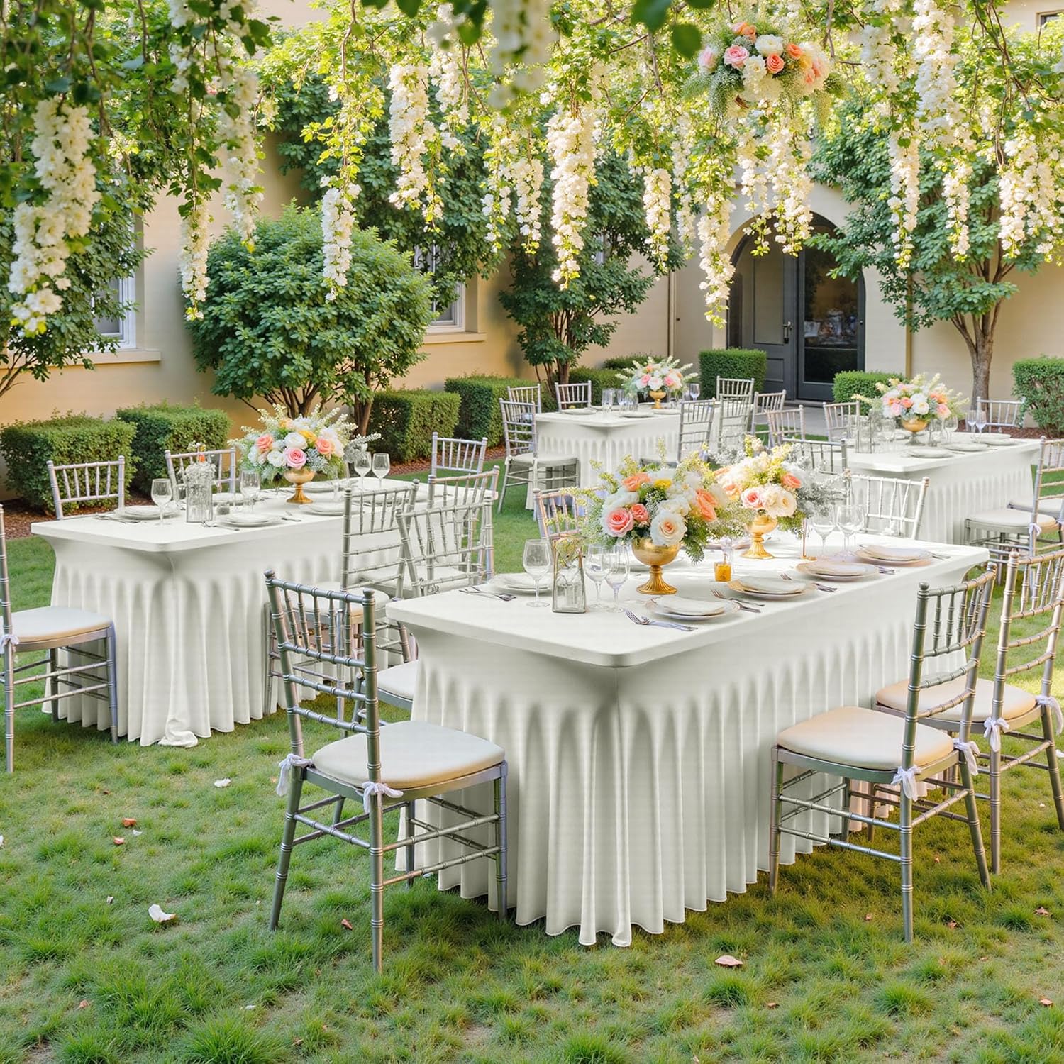 6 pk Ivory Spandex Tablecloth 6ft with Ruffle Skirts,Wrinkle Free High Stretch Cream Fitted Tablecloths for 6 Foot Rectangle Tables,Elastic Spandex Table Covers 6 ft for Parties Weddings Banquet