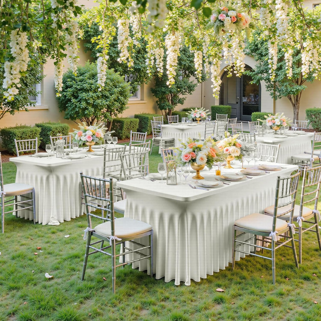 6 pk Ivory Spandex Tablecloth for 8 Foot Rectangle Tables,Wrinkle Free High Stretchy Cream Fitted Tablecloths with Ruffle Skirt, Elastic Spandex Table Covers 8 ft for Parties Weddings Banquet