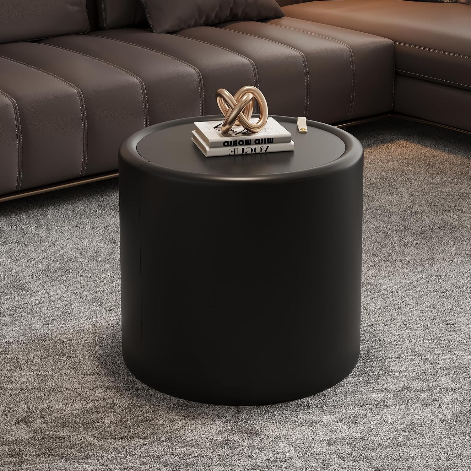 Black Round Coffee Table with Hidden Storage, 19.69' Drum Coffee Table with Tempered Glass Top and PU Leather Body, Circle Cocktail Tea Table for Living Room, No Assemble