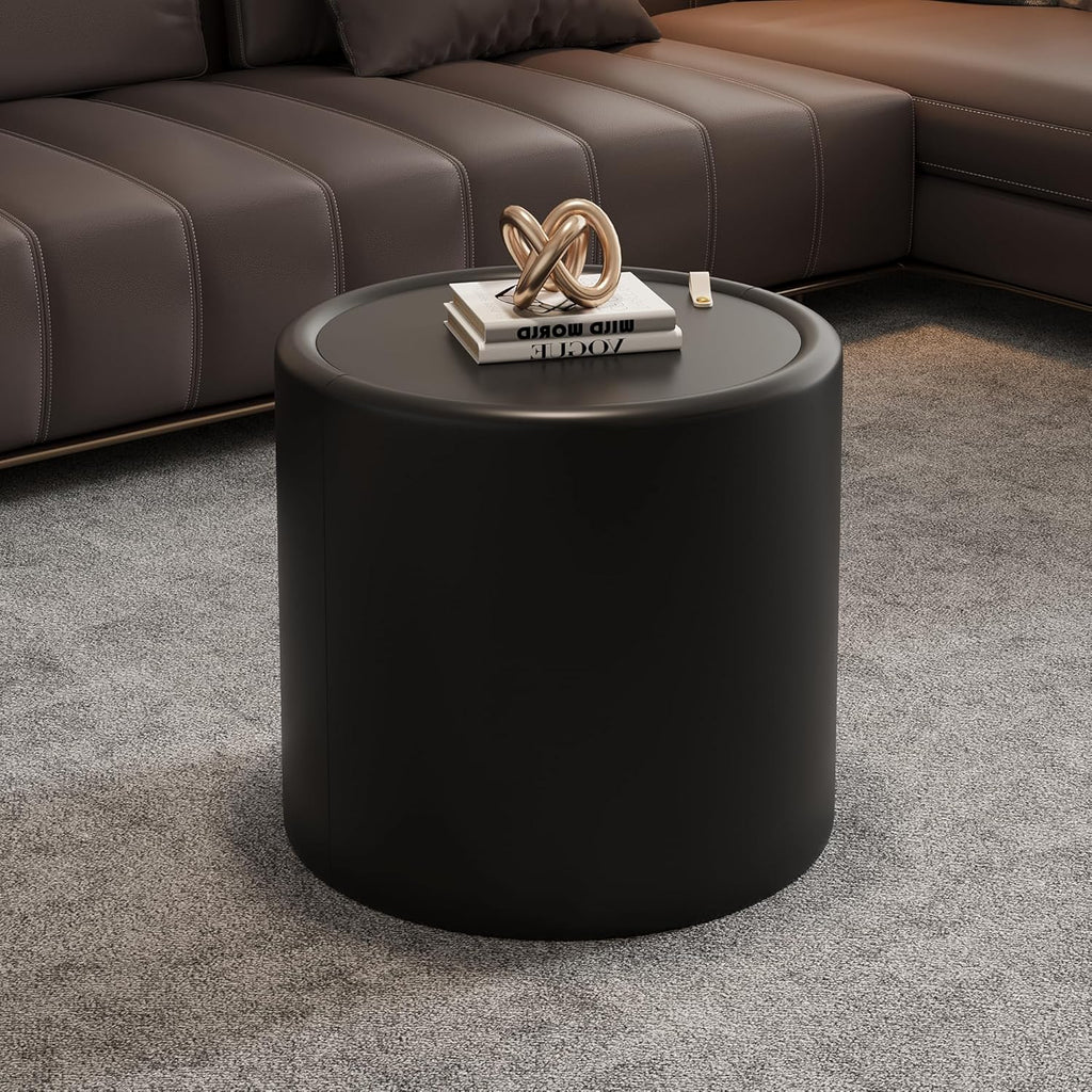 Round Coffee Table Set with Hidden Storage, 27.56' Black Drum Center Table and 19.69' White Coffee Table Set, 2 Pieces Living Room Table Set with Tempered Glass Top and PU Leather Body