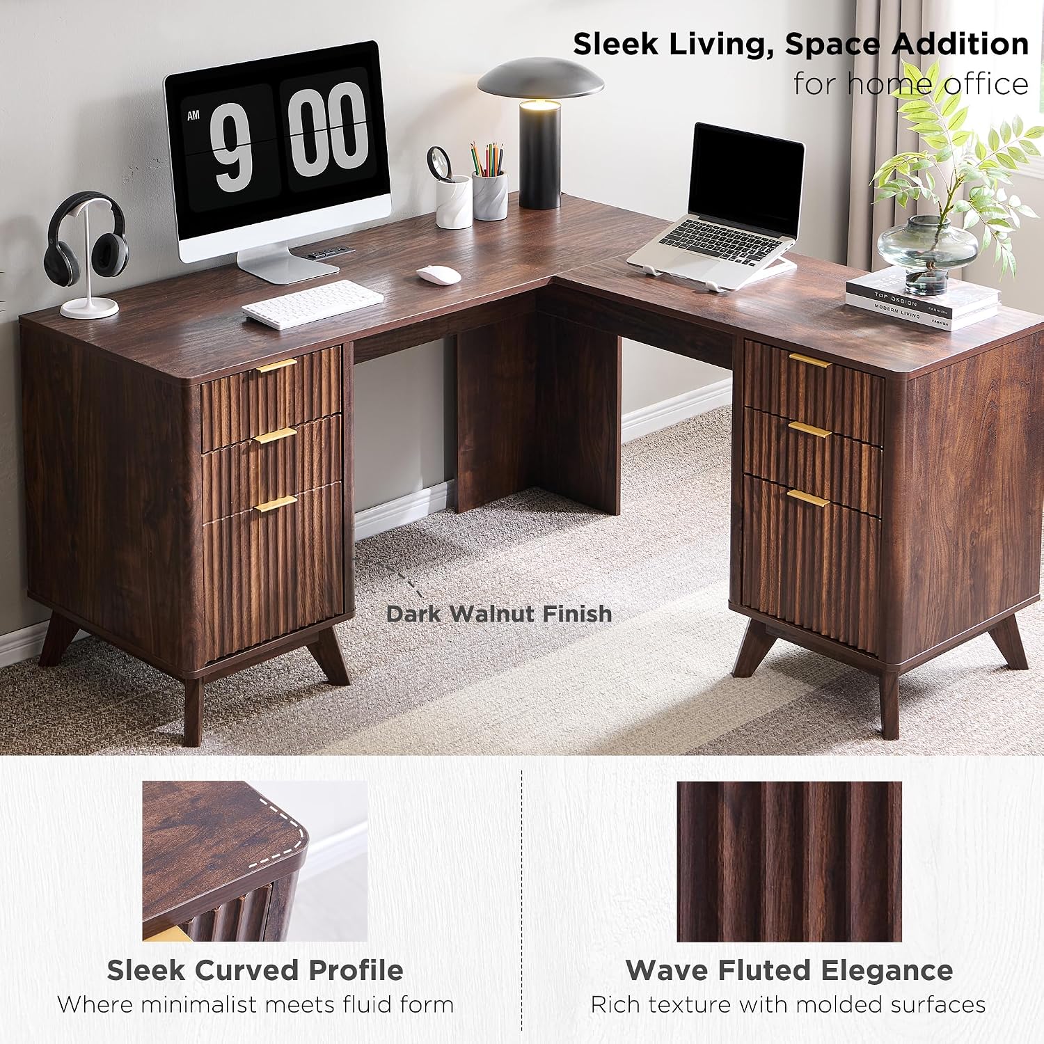 T4TREAM 60'' Fluted Executive L Shaped Desk, Modern Home Office Desk with Charging Station and File Drawer, Computer Corner Desks with Drawers & Storage Cabinet for Office Home, Bedroom, Dark Walnut