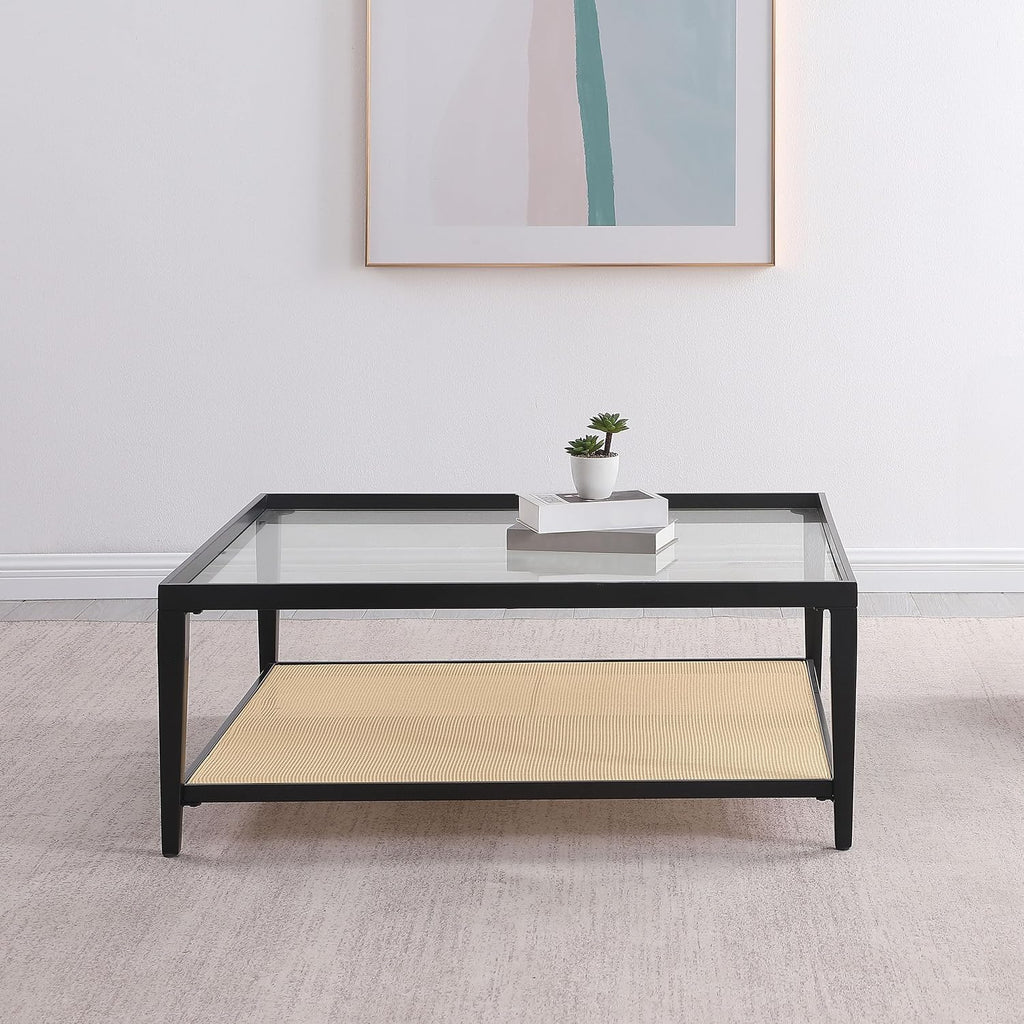 Coaster Home Furnishings - Amherst - Square Coffee Table with Glass Top, Black Metal Frame with Rattan Lower Shelf - Living Room - 40-Inch - Black - 710658