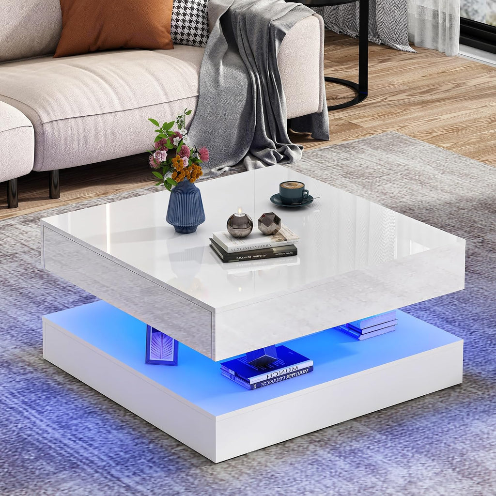 jiteentarou 33.9' LED Coffee Table with Storage, Modern High Glossy Living Room Table w/2 Drawers,Double-Layer Design Large Square Center Table for Living Room, Home, Office, White