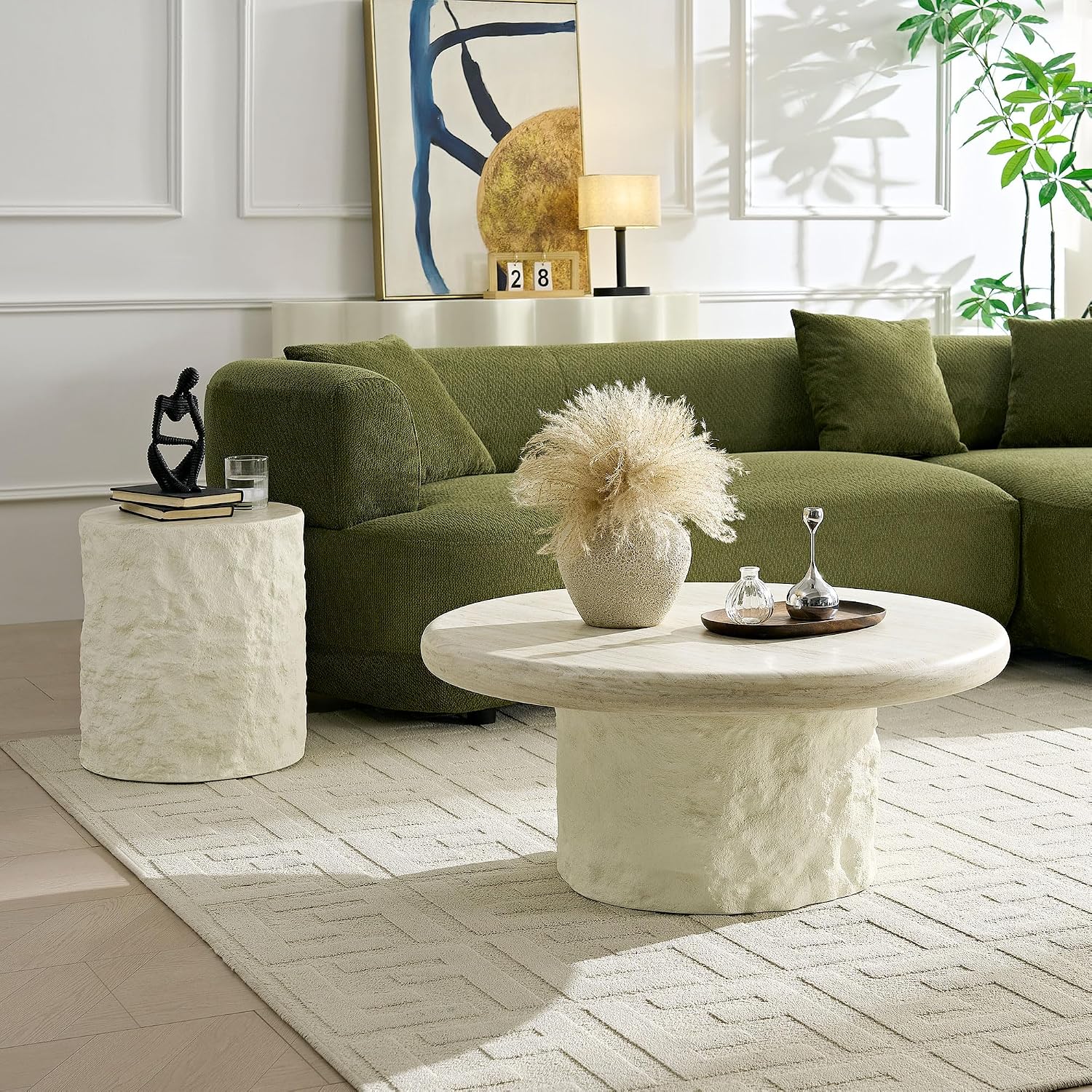 JUSTONE Set of 2 Round Coffee Tables, Modern Minimalist Fiberglass Faux Mars Side End Tables for Living Room Office, Beige