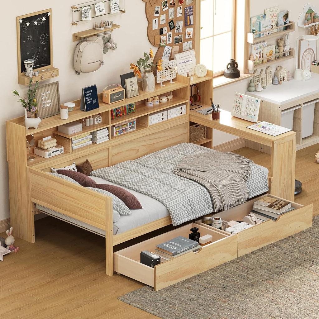 LUMISOL Twin Size Daybed with Storage Shelves & Drawers, Wooden Day Bed with Built-in Desk, Space Saving Corner Bed Frame for Living Room, Guest Room, No Box Spring Needed, Natural