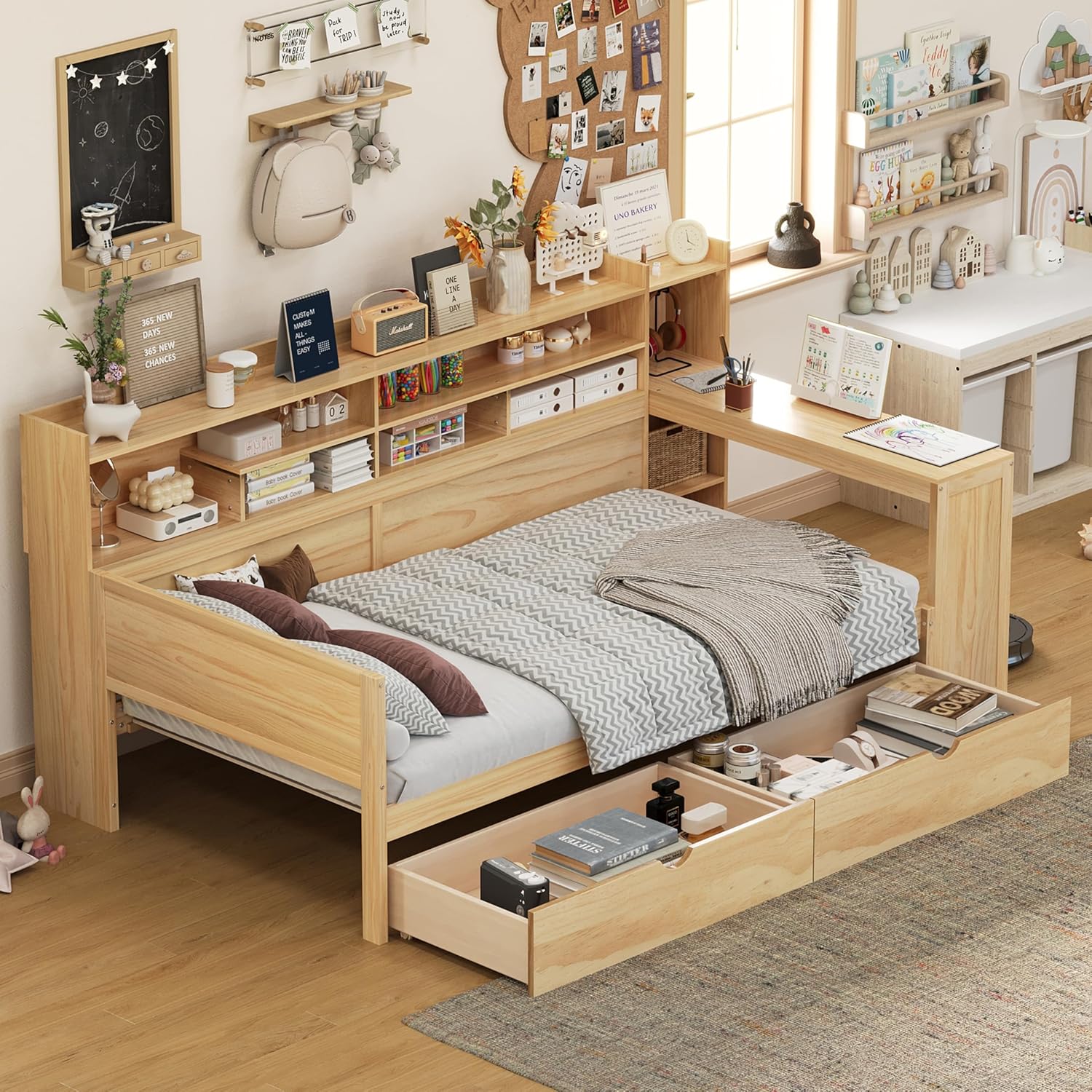 LUMISOL Twin Size Daybed with Storage Shelves & Drawers, Wooden Day Bed with Built-in Desk, Space Saving Corner Bed Frame for Living Room, Guest Room, No Box Spring Needed, Natural