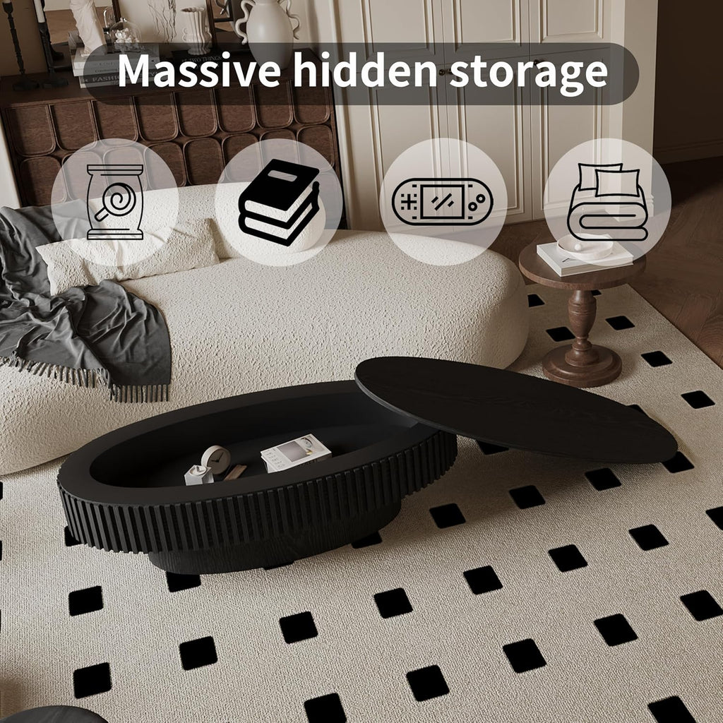 Oval Coffee Table with Storage for Living Room Fluted Pedestal Coffee Table Modern Handcrafted Centre Table for Apartment, Easy Assembly 47.2'x23.6', Black