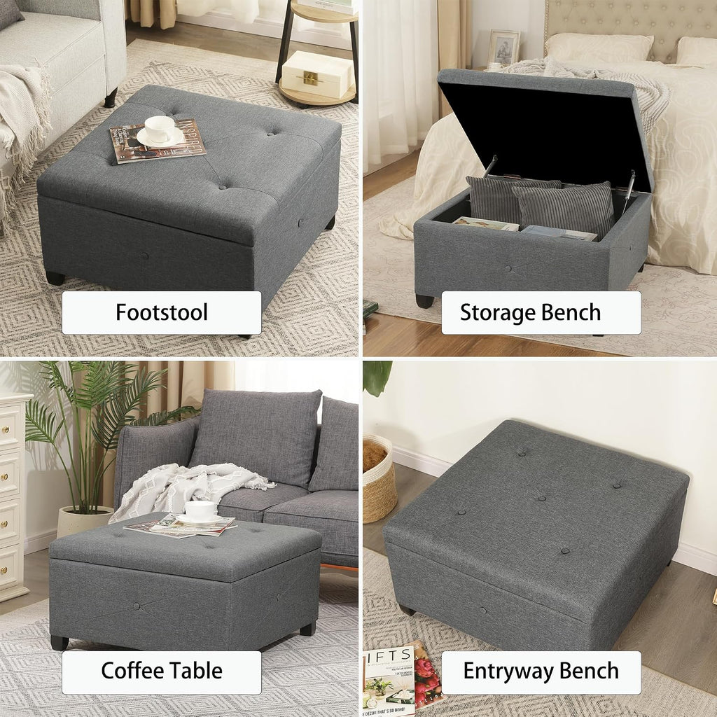 Homebeez 28.5' Tufted Storage Ottoman Bench | Multi-Panel Reinforced Fabric with Safety Pressure Hinges | for Living Room, Bedroom, Entryway | Foot Rest, Linen Ottoman, Cement Grey