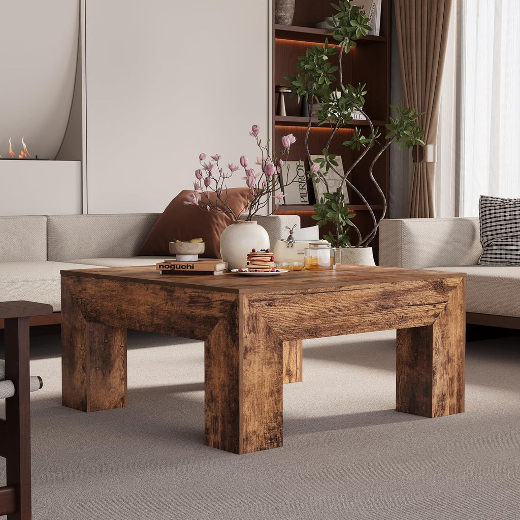 LUMTOK Wooden Square Coffee Table,35.5 inch Farmhouse Low Cocktail with Thick Base for Living Room (Rustic Brown)