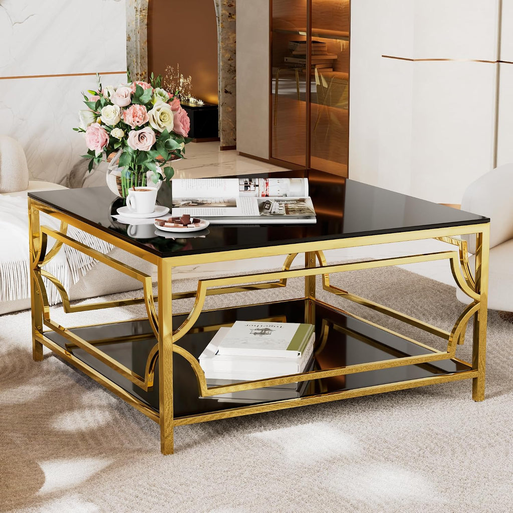 Flieks Square Glass Coffee Table in 33.5',Luxurious Geometric Metal Frame,Gold Finish & Lower Shelf
