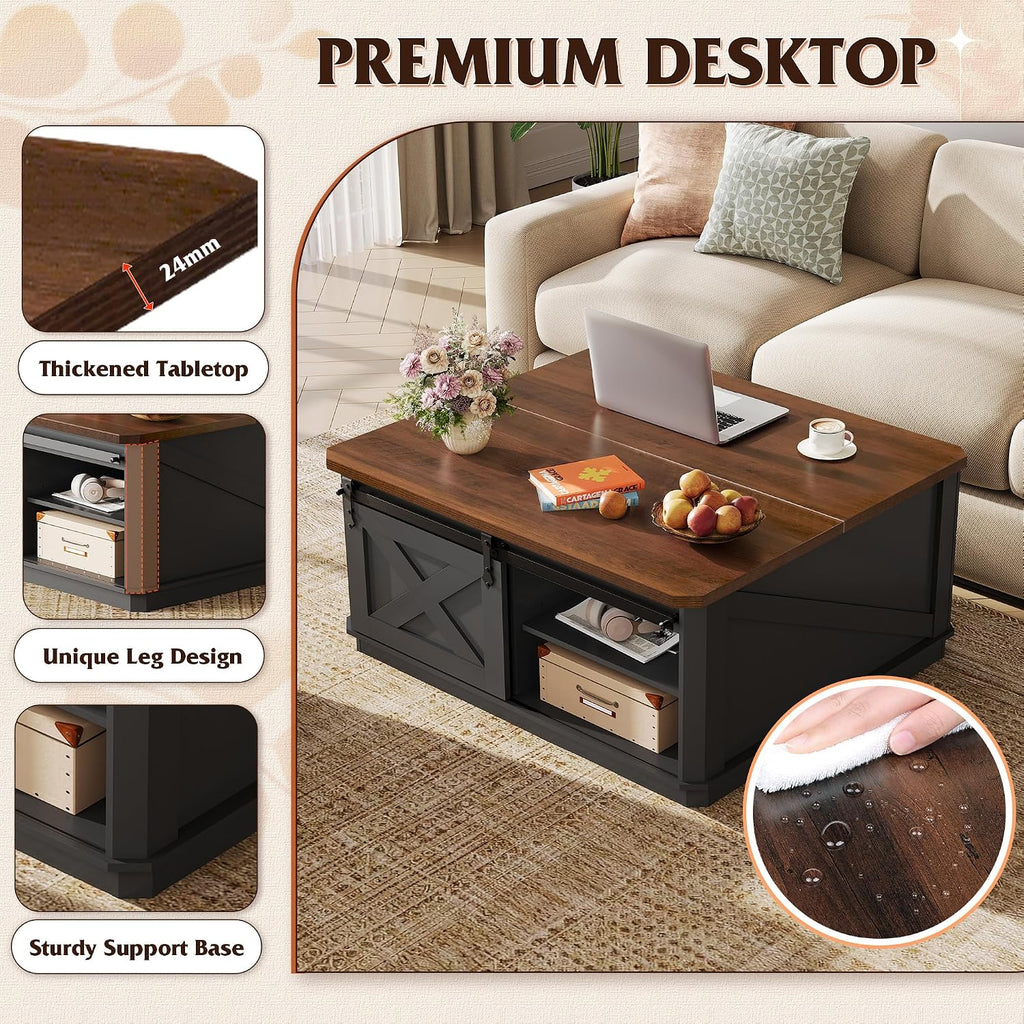WLIVE Farmhouse Coffee Table with Storage, 35.5' Lift Top Coffee Table for Living Room, Square Center Table, Rustic Cocktail Table with Sliding Barn Doors, Curevd Base, Black