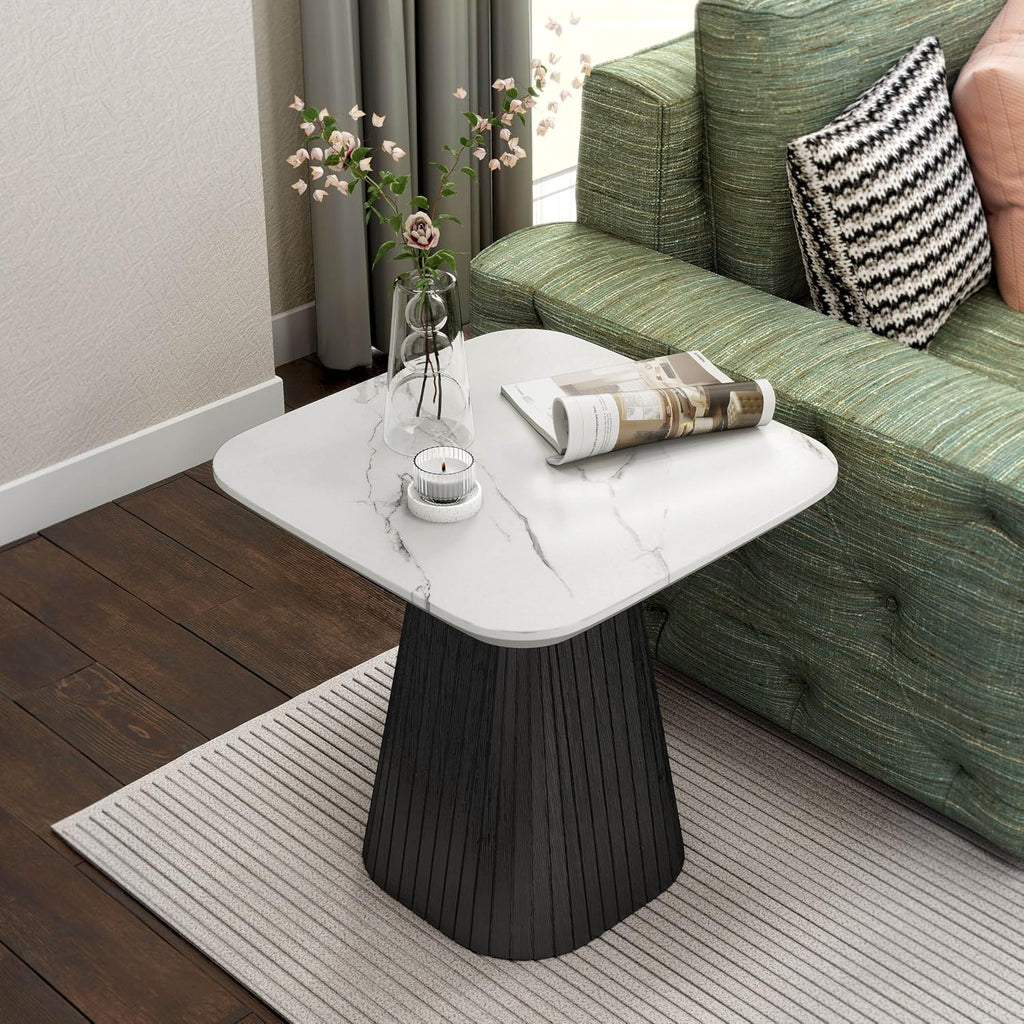 Furniture of America Coraly Modern 22-inch Square End Table with High Gloss Faux Marble Top and Fluted Pedestal Base, Wooden Nightstand for Small Space, Living Room, Home Office, Black and White