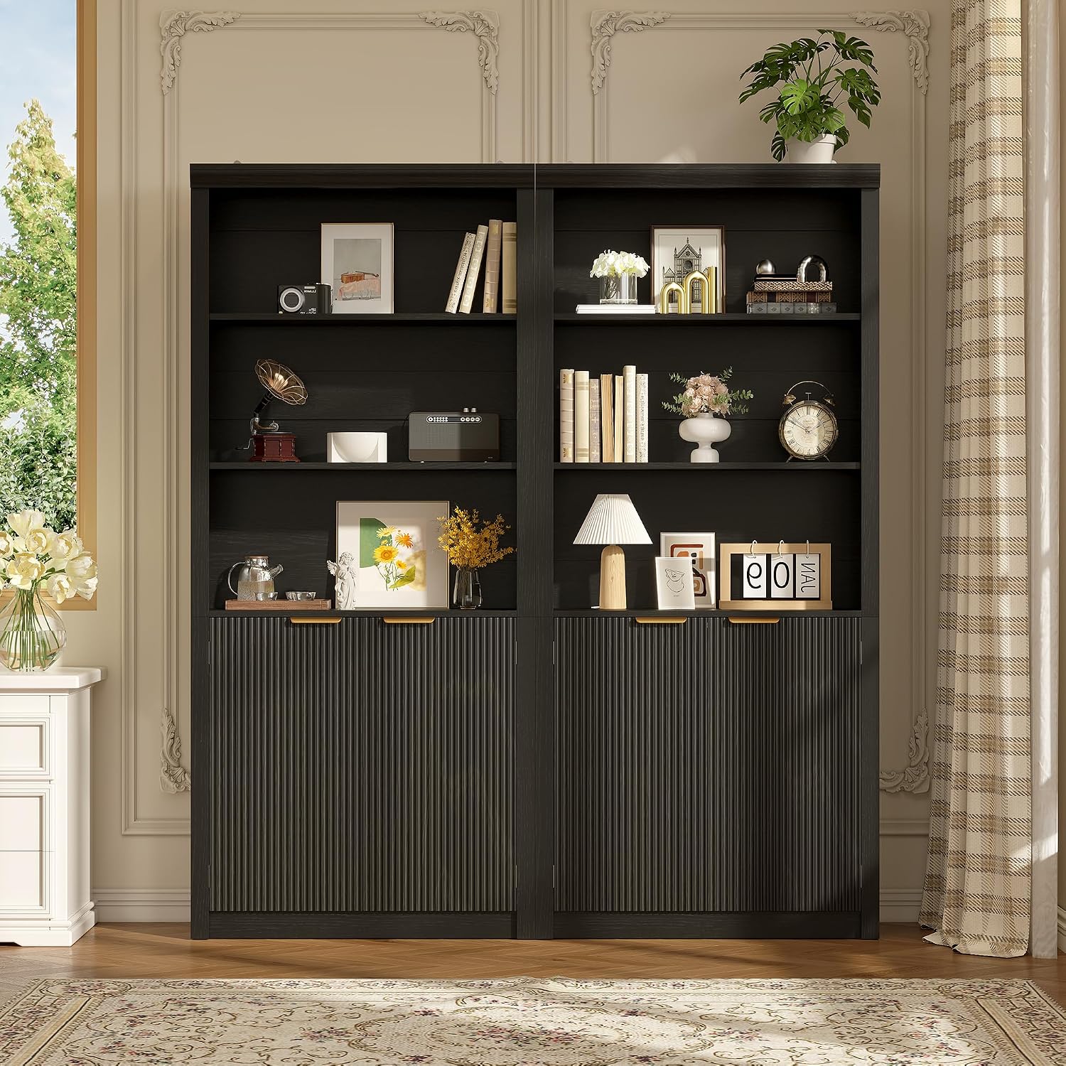 Tall Book Shelf and Bookcase, 31.5'Wide wooden Bookcase with Doors, Farmhouse Book Case with Large Storage, 5-Shelf Bookcases with Adjustable top Shelve for Home Office, Living Room, Black