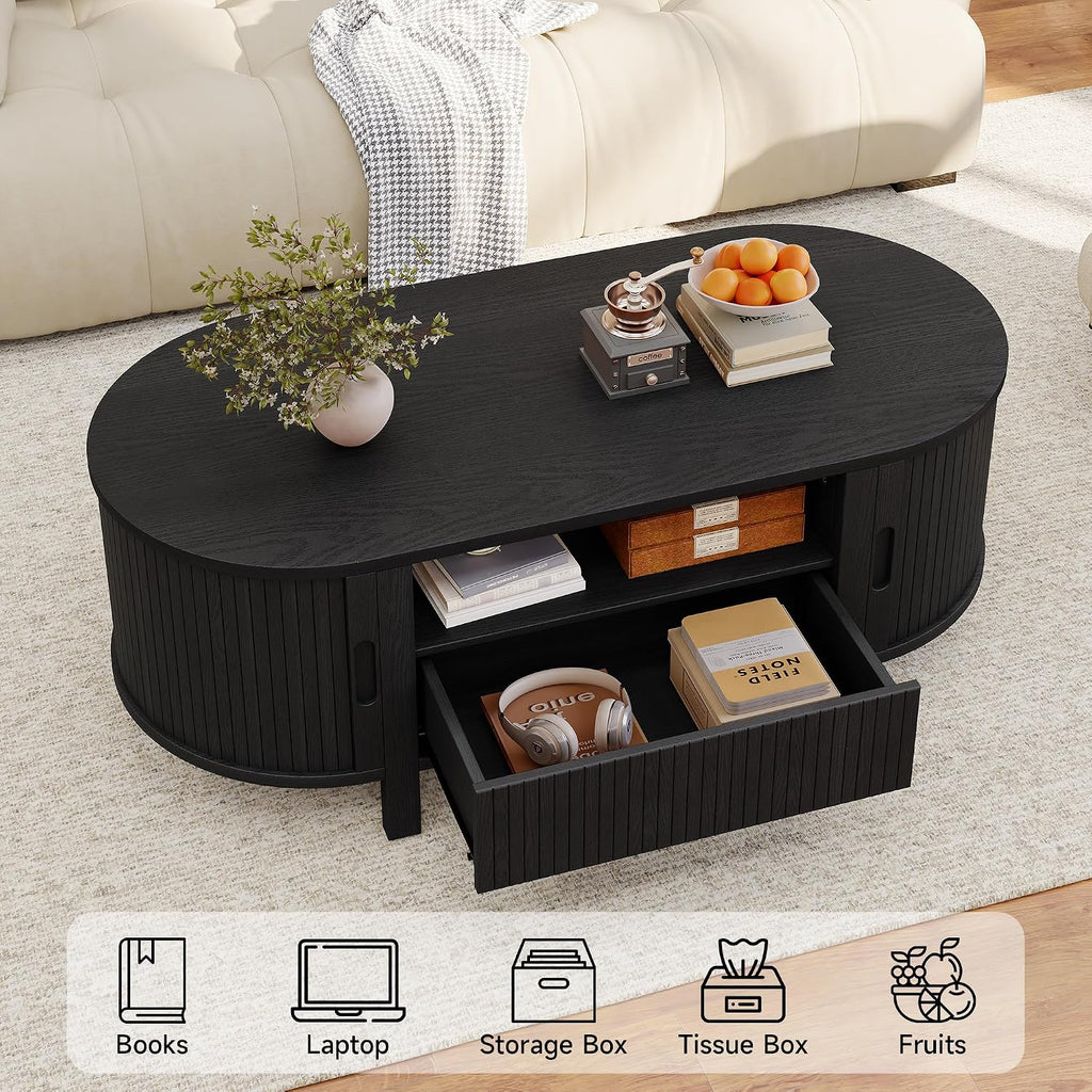 ComfyCorner 47' Oval Coffee Table, Tambour Design Coffee Tables for Living Room, Mid Century Modern Wood Coffee Table, 3-Tier Accent Center Table with Storage, Large Drawer, Black