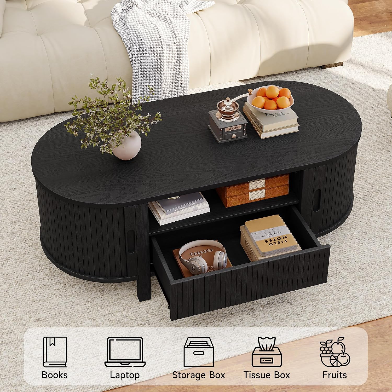 ComfyCorner 47' Oval Coffee Table, Tambour Design Coffee Tables for Living Room, Mid Century Modern Wood Coffee Table, 3-Tier Accent Center Table with Storage, Large Drawer, Black