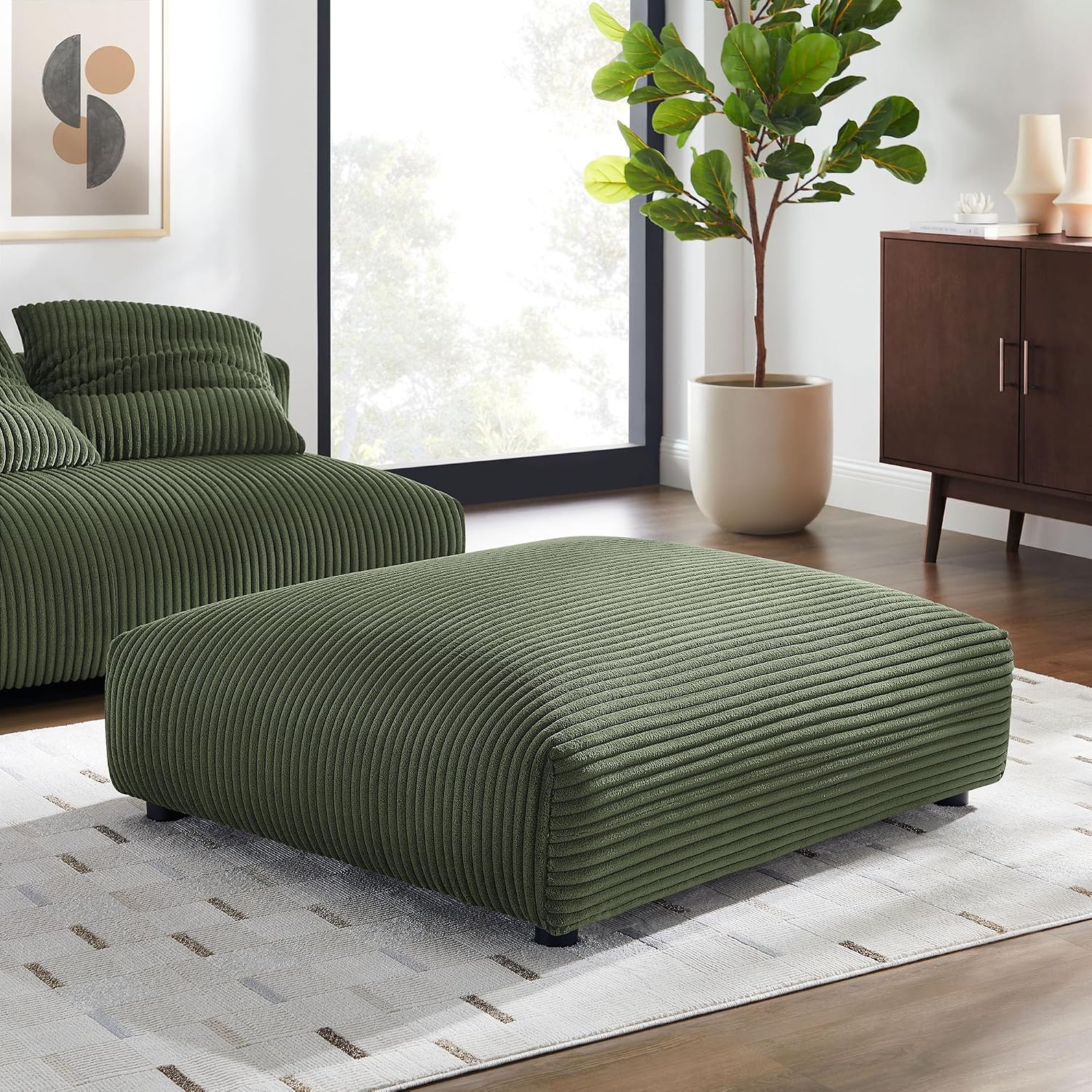 Modway Solace Modular Corduroy Ottoman in Fern - Oversized Square Ottoman Coffee Table - Corduroy Upholstered Ottoman Seat - Modern Large Footstool - Soft Sitting Stool Couch Table for Living Room