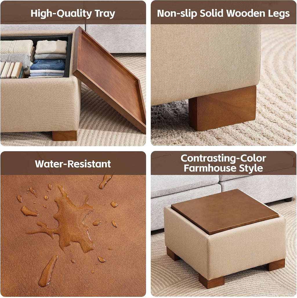 WUTUTUEE 24' Square Ottoman Coffee Table with Storage, Fabric Ottomans with Tray and Solid Wood Legs for Living Room, Bedroom and Apartments, Small Modern Ottoman Tea Table with Lift-Off Lid, Khaki