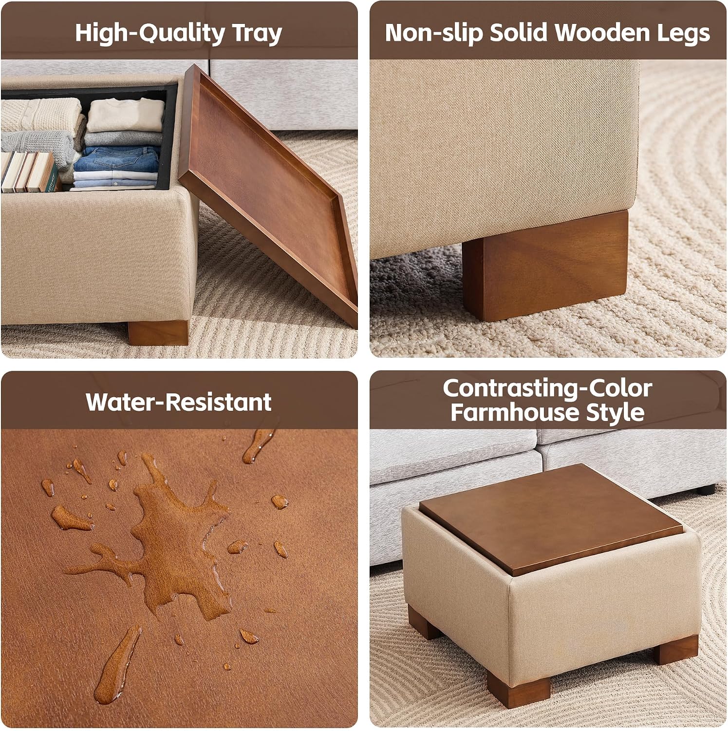WUTUTUEE 24' Square Ottoman Coffee Table with Storage, Fabric Ottomans with Tray and Solid Wood Legs for Living Room, Bedroom and Apartments, Small Modern Ottoman Tea Table with Lift-Off Lid, Khaki