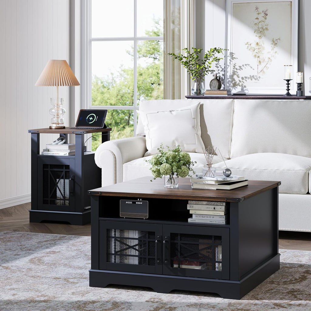 Square Coffee Table, Farmhouse Coffee Tables for Living Room, Wood Coffee Table with Storage, Black Coffee Table with Hidden Compartment, Rustic Center Coffee Table with Lift-up Top