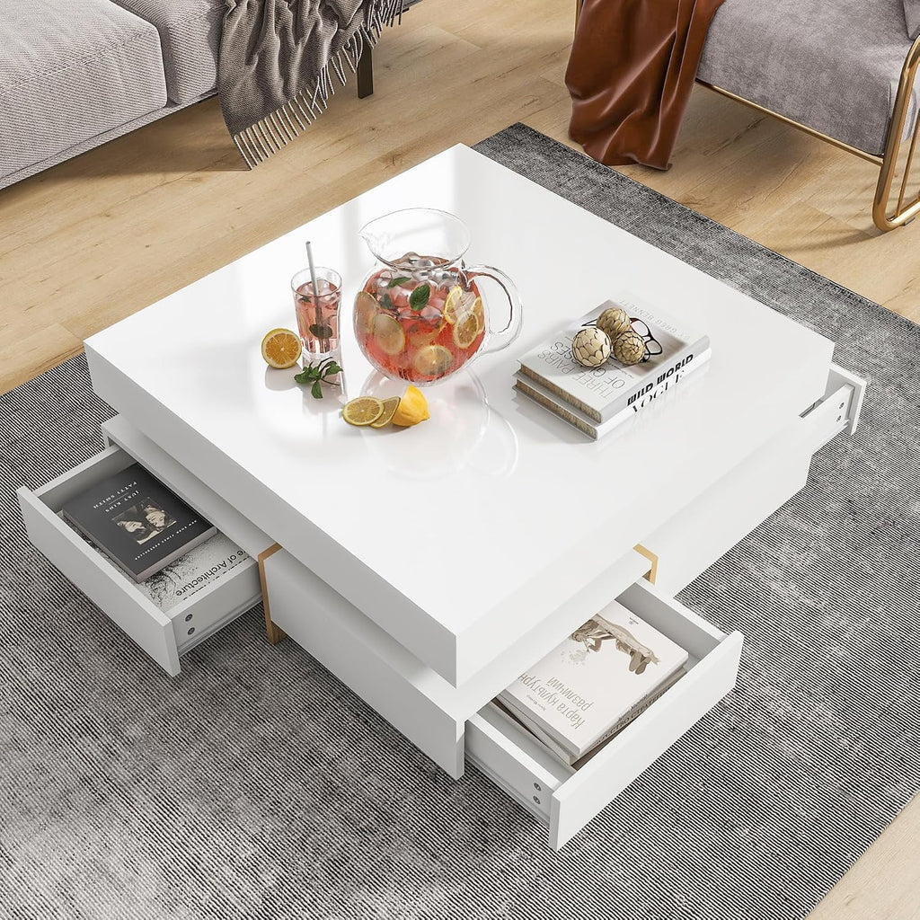 Modern Coffee Table with Storage, Contemporary Square Coffee Table with Drawers, High Gloss Modern Center Table for Living Room, Reception Room, Office, White, 31' D X 31' W X 11' H