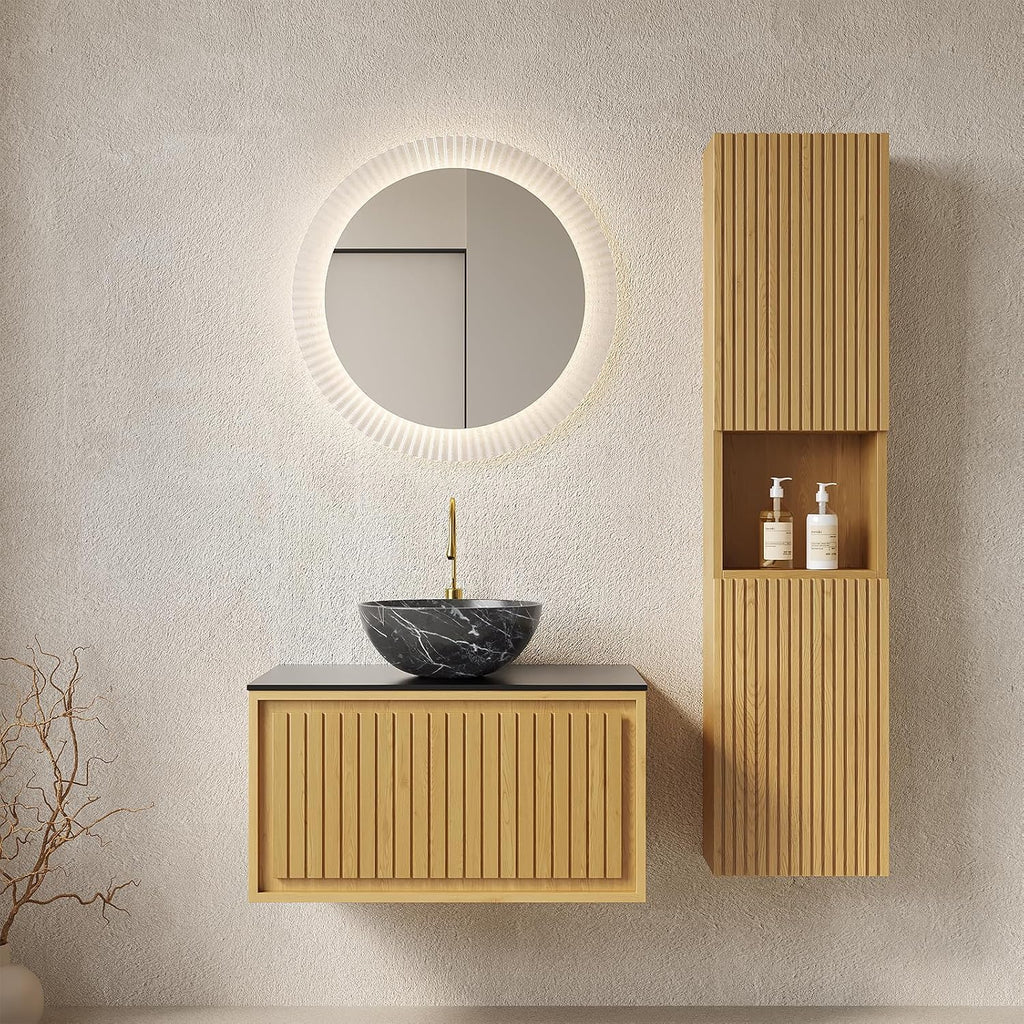 14-Inch Floating Bathroom Vanity Side Cabinet, 59' Tall Narrow Wood Storage Cabinet with Door and Shelf, Suitable for Small Spaces, Corners, Bathroom, Living Rooms and Laundry, Oak