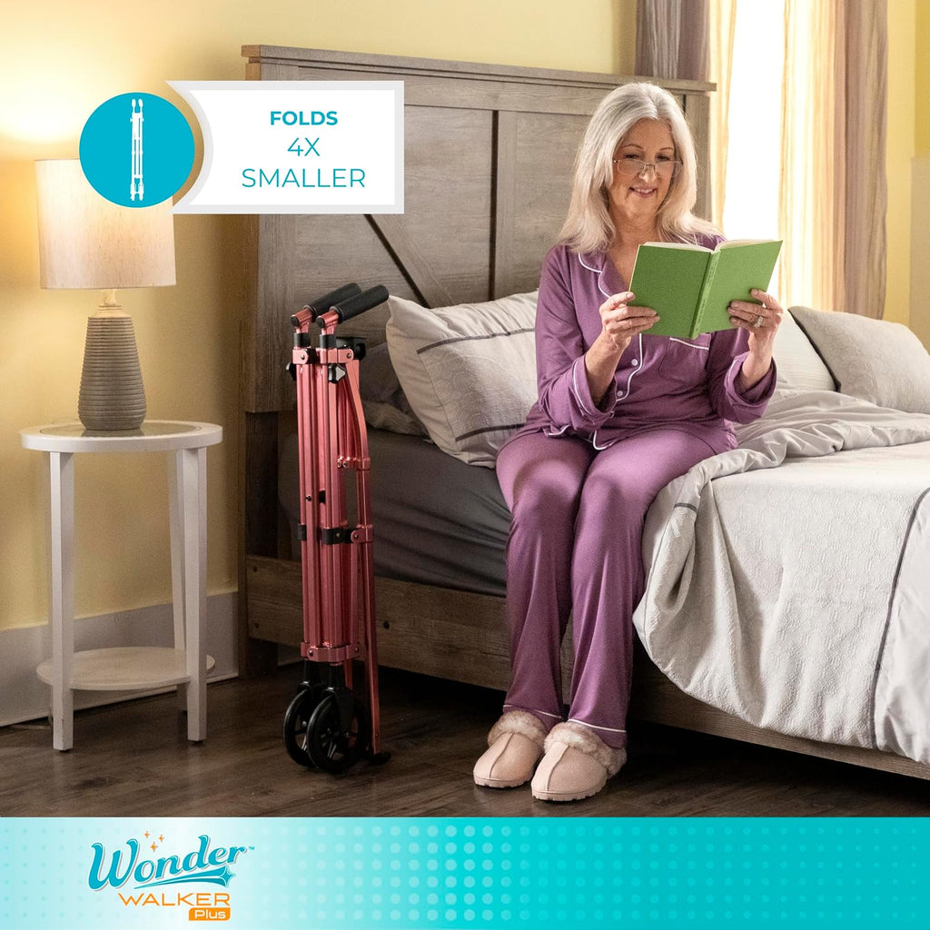 Stander Wonder Walker Plus Short, Lightweight Junior Folding Mobility Aid for Petite Adults, Seniors, and Elderly, Collapsible Travel EZ Fold-N-Go with Wheels, Glides & Basket, Cobalt Blue
